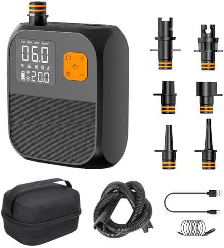 TECKZOON Elektrische kabellose tragbare SUP Luftpumpe, 8000mAh Max 100 L/min, 25PSI, Auto Off, Paddle Board Pumpe Mit 6 Düsen und Aviation Waterproof case für Kajaks und Stand Up Paddle Boards