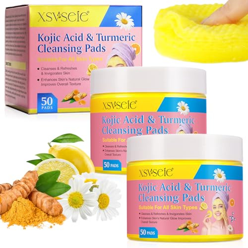 Turmeric Kojic Acid Exfoliating Cleansing Pads, Turmeric Kojic Acid Pads,Curcuma Kojic Acid Cleansing Pad, Diluer Les Taches Noires, Visage et Le Corps, Éclatant Peau Rejuvenates (100pcs)