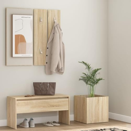 LVHUIDEH Garderoben-Set 5-teilig, Flur Garderoben Komplettprogramme mit 1 Flurbank, 1 Pflanzgefäß, 1 Wandspiegel und 2 Garderobe, Wandgarderobe, Stylishe Garderobenset, Flurmöbel, 80 x 30.5 x 40 cm