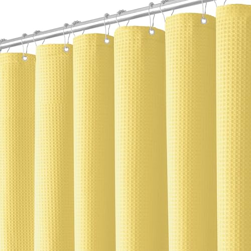 BTTN Rideau de Douche Waffle Tissu 180x200 cm Anti-moisissure, Jaune | 12 crochets en plastique, Dos laminé imperméable, Tissu à texture waffle, Anti-moisissure, Ourlet lesté, Lavable en machine