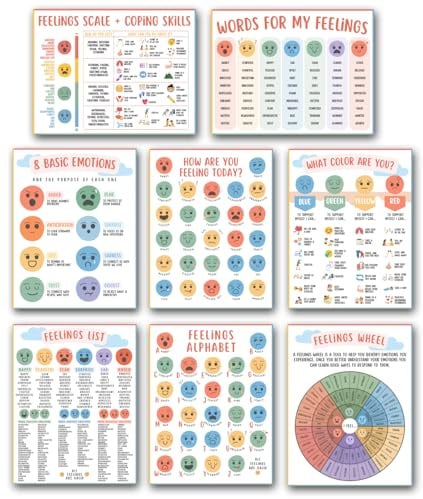 Emotional Learning Wandtafeln Set, 9 Pädagogische Poster mit Gefühlsskala, Bewältigungsfähigkeiten, Emotionsrad, Basic Emotions Guide