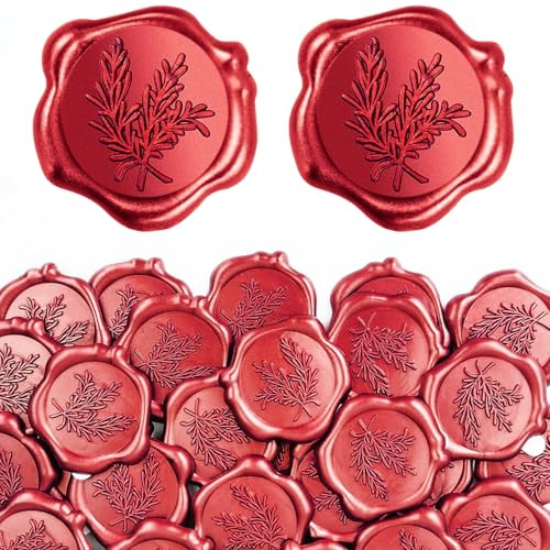 50 Stück Wachssiegel Selbstklebend Rot, Wachssiegel Aufkleber Vintage, Siegelaufkleber Hochzeit, Briefsiegel für Einladungen, Umschläge, Geschenke, Geburtstage, Weihnachtsfeiern (Rosmarin)