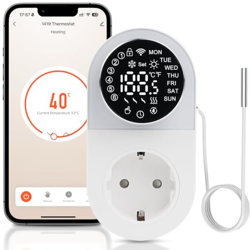 Temperaturregler WLAN Smart Temperaturschalter 230V Steckdose 230V mit Fühler Temperatursensor App-gesteuert Digitaler mit Drehknopf Temperaturwächter mit Heiz und Kühlmodus für Gewächshaus Aquarium