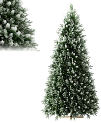 LILIIN Albero di Natale artificiale premium da 225 cm, con neve artificiale, rivestimento sulle punte, PVC PE verde, albero di Natale con sistema di piega, supporto in legno, senza luci