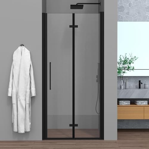 Porta Doccia Per Nicchia 75 Cm (H 195) Linea Neos - Porta A Soffietto Salvaspazio - Cristallo Trasparente 6 Mm - Profili In Alluminio Nero
