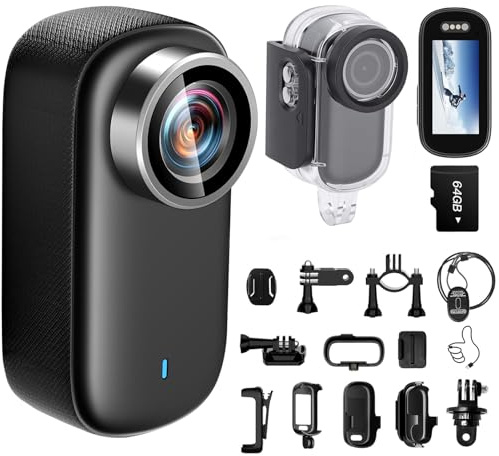 Sosisul Mini Action Cam 4K WiFi mit Bildschirm und wasserfestes Gehäuse, 64GB UHD 150° Weitwinkel IP65 Bodycam, Tragbare Anti-Shake Helmkamera Motorrad für Sport & Outdoor-Aktivitäten (64G Card)
