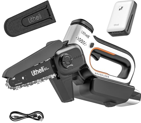 Litheli Mini Tronçonneuse à Batterie 10000 mAh, 20V, 6 Pouces Tronconneuse Electrique Sans Fil Brushless, Élagueuse Batterie, Coupe Branche Electrique, Lubrification Automatique pour Jardin