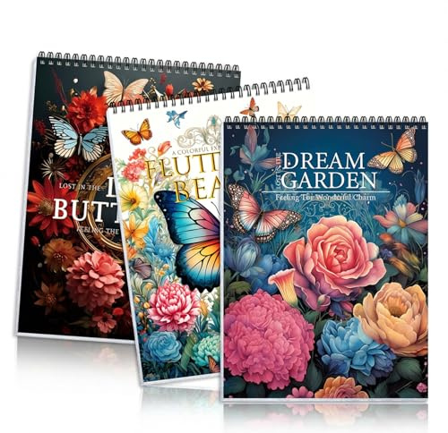 Malbuch für Erwachsene 3er Set – Garten und Schmetterling Motive, 84 einseitige Illustrationen, Spiralbindung im A4 Format, Kreatives Ausmalbuch für Anfänger