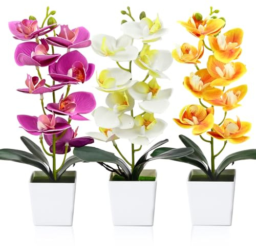 3 orchidee artificiali, 30 cm, colore giallo, fiori e piante artificiali, pianta artificiale Phalaenopsis, fiori artificiali come veri, fiori bianchi e rosa