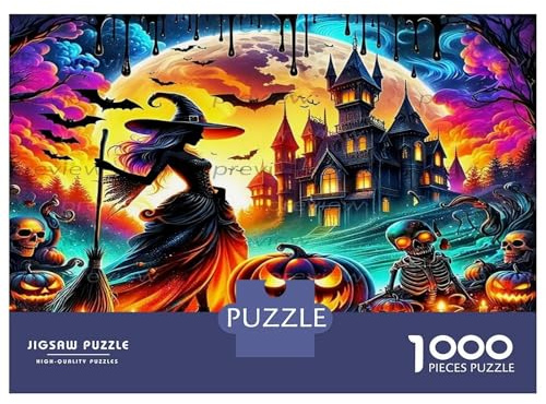 Hexe 1000er Puzzle Aus Nachhaltigem Material Premiumpuzzle Halloween Hexe Castle Zur Förderung Der Feinmotorik Als Reise-Jigsaw-Puzzle EIN Besonderes Gedenkgeschenk 38x26cm/1000pcs