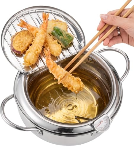 Deep Fryer Pot with Thermometer - 2.2L Stainless Steel Japanese Style Tempura Fryer Pan with Oil Draining Rack, Home Kitchen Frying Pot for Chicken, Fish