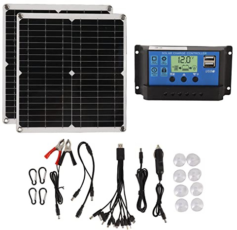 VBLKUYDPR Kit de Panneau Solaire de 50 W avec régulateur de Charge de 60 A, Ensemble de Panneaux solaires Portables en Silicium monocristallin avec Sortie USB Double pour Le Camping en VR,