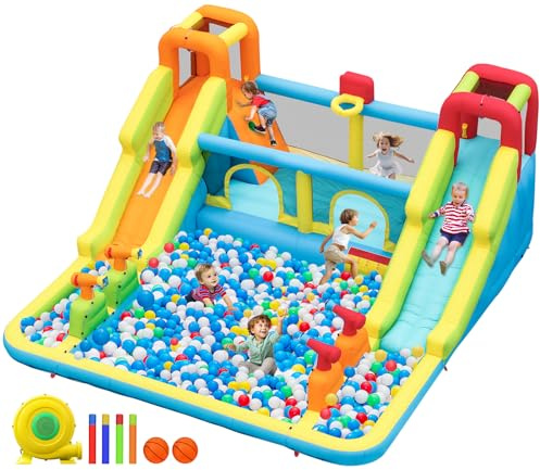 Castello Gonfiabile Grande con Acquatico Scivolo per Bambini, 452x416x210cm | con Piscina, 4 Cannoni Spruzzatori d'acqua, 2 Pareti Arrampicata, Trampolino, Canestro da Basket per Interno Giardino Esterno