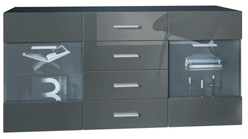Vladon Sideboard Kommode Bari V1, Made in Germany, Korpus in Schwarz matt/Front in Grau Hochglanz (139 x 72 x 35)