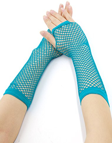 sourcing map Damen Fingerlose Mesh 1980er Kostümparty Kostümzubehör Netzhandschuhe 2 Paar Türkis Long-2 Pairs