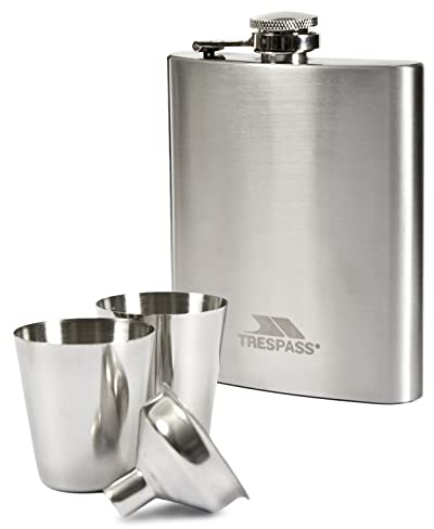 Trespass Dramcask, Silver, Stainless Steel Hip Flask Gift Set (1x Flask 200ml & 2x Cups 30ml), Grey