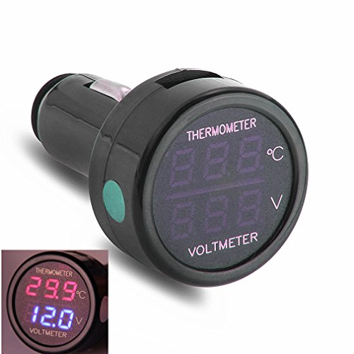 Qiorange 2 in 1 Auto Zigarettenanzünder Digital Voltmeter Voltmesser Temperaturanzeige Spannungsanzeige Batterietester 12-24V (Rot & Blau)