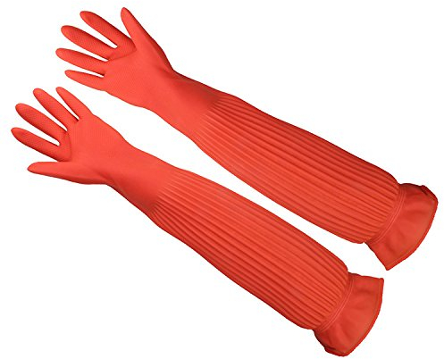 TSHOME Antiskid Long Rubber Gloves Long Sleeve Waterproof Gloves for Kitchen Laundry Dishwashing Cleaning Garden Tool (1-Pair)