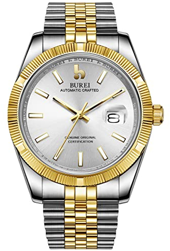 BUREI Uhr Herren Luxus Automatik Business Herrenuhren Edelstahl Armbanduhr mit Kalender für Männer