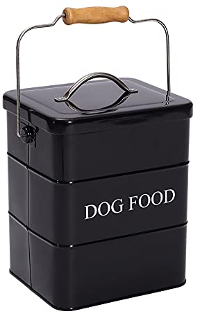 Geyecete- Cajas Almacenamiento de alimentos y golosinas para animales, con mango de madera y herméticas tapa, acero carbono revestido Contenedor de comida para perros -capacidad 3kgs-Negro