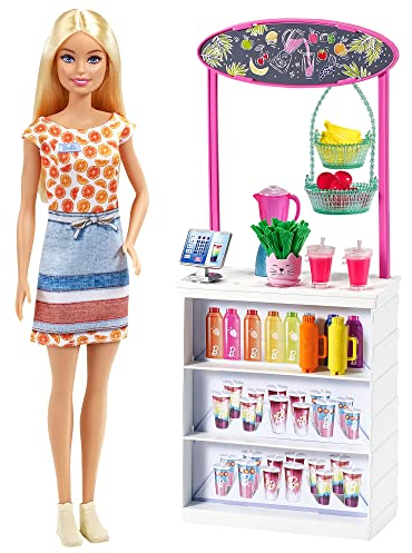 Barbie Puesto de Smoothies Muñeca Rubia con Accesorios y Tienda para Hacer zumos y Batidos de Juguete Mattel GRN75
