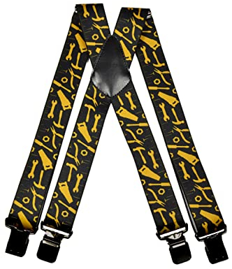 Olata Hosenträger mit Werkzeug-Muster – Robuste, Verstellbare X- und Y-Form, 5 cm Breit, Ideal für Arbeit und Alltag. Schwarz, X-Form (Schwarz Clips) - 5 cm