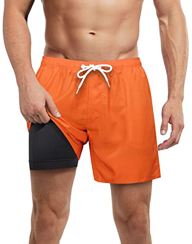 LUCOWEE Mens Swim Trunks with Compression Liner Anti Chafe no Mesh net Comfort Swimming Shorts Lined 5.5 Bright Orange X-Large