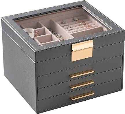 Frebeauty Schmuckkästchen mit transparentem Deckel, 4 Schichten, Schmuck-Organizer, groß, multifunktional, Halsketten, Armbänder für Frauen und Mädchen (grau)