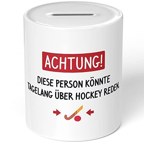 JUNIWORDS Spardose Sparbüchse, Achtung! Diese Person könnte tagelang über Hockey reden (1005868)