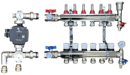 6 Port Brass Underfloor Heating Manifold with A Rated UPM3 Auto Flex Pump,Blending Mixing Valve,16mm Pipe Connection and Ball Valves with Gauges for Water Underfloor Heating System