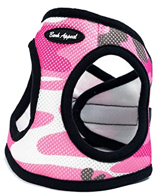 Bark Appeal Step-In Hundegeschirr, Mesh Step in Hundeweste Geschirr für kleine & mittelgroße Hunde, Nicht Ersticken mit Verstellbarer Schwerlastschnalle für sicheren,(Groß, Rosa Camouflage)