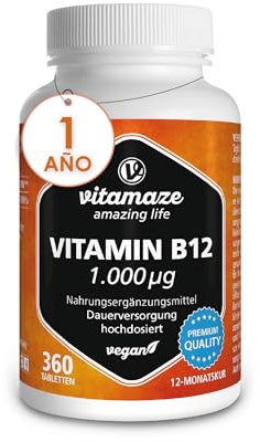 Vitamine B12 Méthylcobalamine 1000mcg - 360 Micro-Comprimés Sublinguale pour 1 AN - Réduit la Fatigue & Soutient le Système Nerveux - Vegan à Fort Dosage - Qualité Allemande, sans Additifs Inutiles