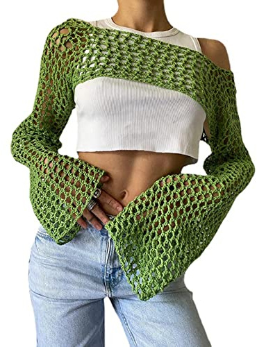 Bnigung Damen Mesh Crochet Crop Tops Shrugs Sexy Y2k Hollow Out Cropped Knit Sweater See Through Bikini Cover Ups, Grün, Klein