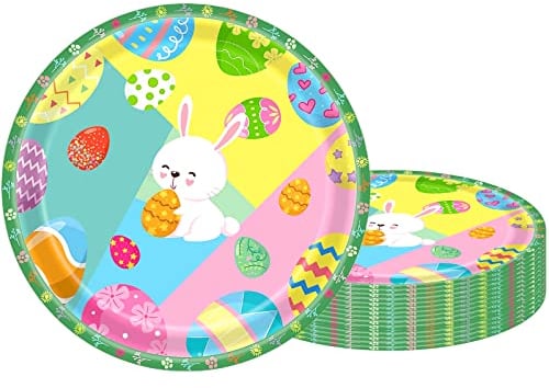16Pcs Easter Kids Party Paper Plates 7 inch,Happy Easter Bunny Paper Plates Party Tableware Decoration Green Party Paper Plates Packs Eggs Rabbit Plates for Easter Kids Adult Party Decorations