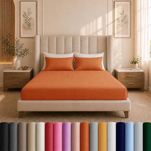Moonlight Bedding Super King Fitted Sheet Rust - Premium 25cm Deep Pocket Fitted Bed Sheets – Soft Brushed Microfiber & Wrinkle Free Fitted Bottom Sheet Fad Resistant Bed Sheet (180 x 200 Cm)
