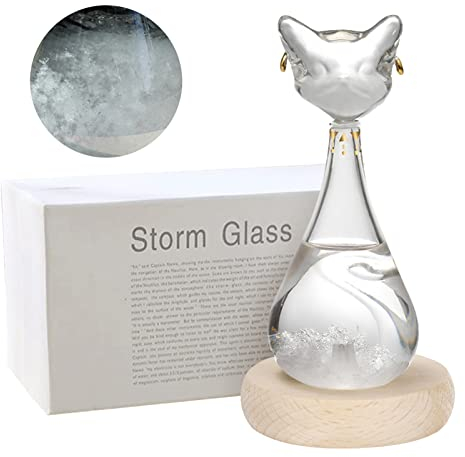 Stazione meteo tempesta, bottiglia previsioni meteo a forma di gatto, meteo barometro in vetro con base in legno, vetro tempesta, regalo originale per compleanni da donna (gatto bianco)