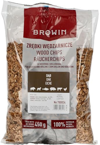 BROWIN® Räucherchips Eiche 450 g 780834 | Räucherholz 6-8 mm für Fleisch und Fisch | Räucherspäne zum Räuchern und Grillen | Smoking Chips für Smoker, Gasgrill und Grill