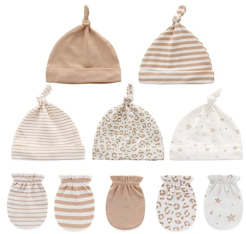 Ecojoy Newborn Baby 5 Mützen und 5 Paar kratzfeste Fäustlinge für Babys Jungen und Mädchen, Alter 0-6 Monate, 100% Baumwolle, Einheitsgröße, Beige