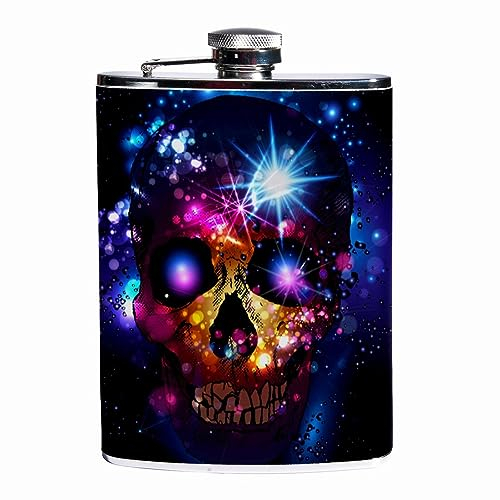 Petaca para licor para hombre, petaca de cuero a prueba de fugas de acero inoxidable de 8Oz con embudo,Calavera resplandeciente de colores