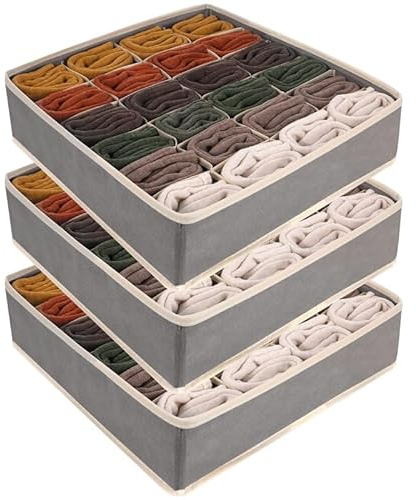 Opopark 3 Pack Socks and Underwear Storage Boxes,24 Cells Drawer Organizer,Foldable Boxes for Storing Scarves,Ties,Belts and Other Accessories