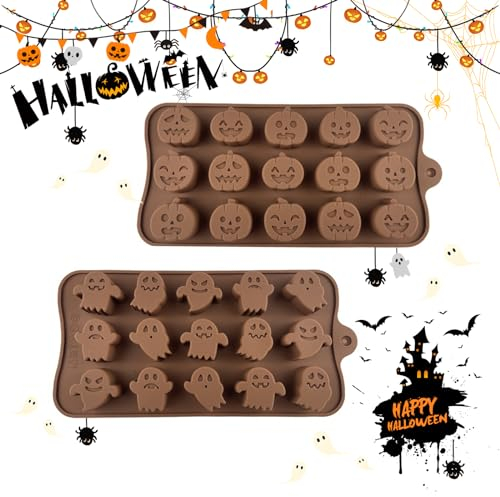 Wondsea 2pcs Stampi in silicone per Halloween,Stampi per Cioccolato di Halloween,15 cavità a forma zucca e fantasma,Zucca e Fantasma Stampi in Silicone per Cioccolato,Caramelle,Gelatina (Halloween)