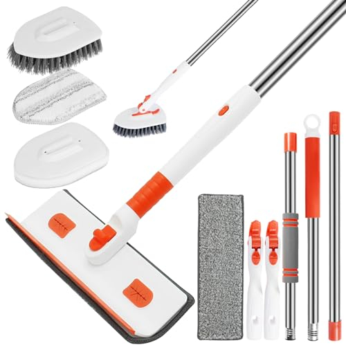 3-in-1 Bathroom Cleaning Brush 52 '' Detachable Long Handled Scrubbing Brush with Locking Head Microfiber Pad Scouring Pad Wiper Cleaning Tool for Shower Floor Bath Bathtub Wall Glass