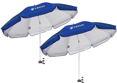 AMMSUN XL Chair Umbrella with Universal Clamp Adjustable 52 inches and 360-degree Swivel UPF 50+, Portable Clamp on Camping or Beach Chair, Stroller, Wheelchair, Golf cart, Blue, 2 PACK