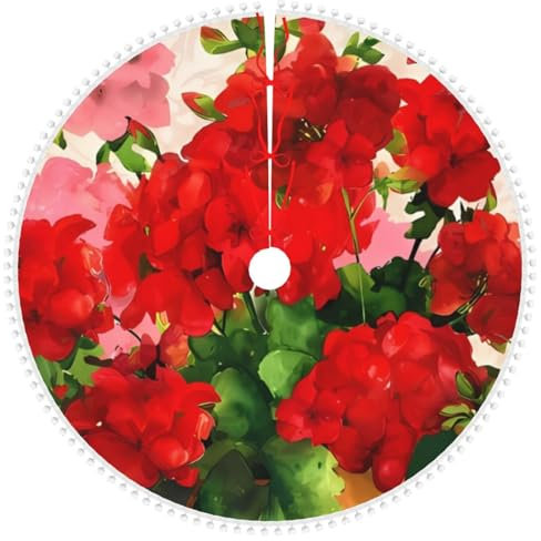 Weihnachtsbaumrock mit roten Geranien, 91,4 cm, wasserdicht, doppellagig, mit Bommelbesatz, Weihnachtsdekoration, Weihnachtsschmuck für festliche Feiertage, Neujahr, Party