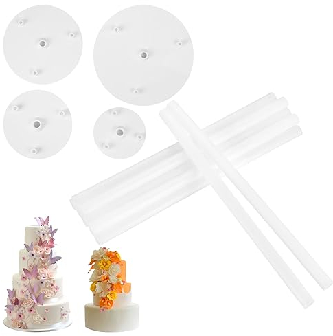 Cake Dowels Rods Set, 12 Support Rods & 4 Separator Plates, Cake Dowels for Tiered, Plastic Stand Sticks for Multi-Layer Construction Supporting - 4, 6, 8, 10 inch