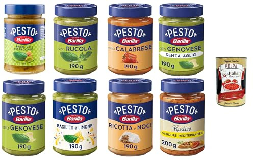 Italian Gourmet Sugo Pesto Megapack 8 Sorten senza glutine cremig 8 x 190g | Genovese, mediterraneo, calabrese, limone, pistacchio, rucola, ricotta e, Gesamtnettogewicht 1,52 kg + Kostenlos Polpa 400g