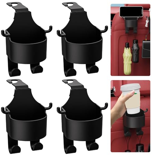 NAVESO 4Pcs Car Cup Holder Back Seat, Multifunctional Hook for Car Seat Back, Universal Car Drink Cup Holder, 2 in 1 Car Hook & Backseat Cup Holder, Car Seat Headrest Cup Holder With Hooks (Black)