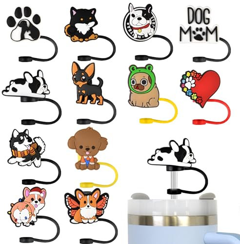 12Pcs Dog Straw Cover for Stanley 30oz Tumbler Cute Straw Toppers Cap Reusable Silicone Straw Tips for 0.24-0.32inch Straws Cup Accessories
