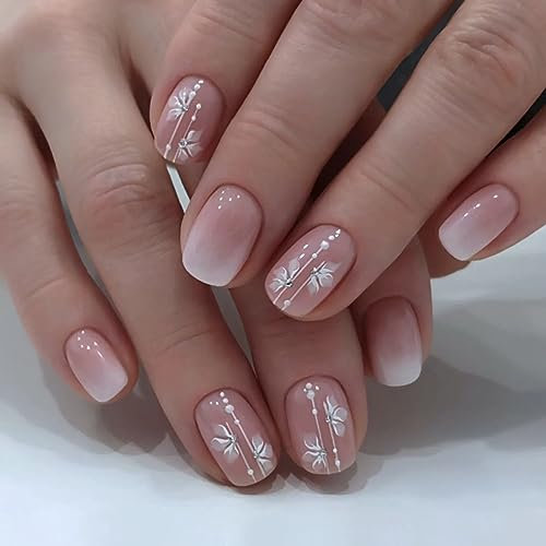 Resweky Court Carré Faux Clous Fleur Brillant Rose Nu Faux Ongles Impression Français sur Ongles Couverture Complète Ongles Acrylique pour Femmes