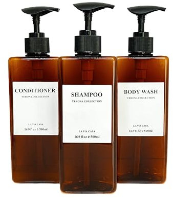 La Via Casa Shampoo- und Spülungsspender | 3 Kunststoff Bernstein | Shampoospender mit wasserdichten Etiketten | Duschflaschen nachfüllbar mit Pumpe (ohne Wandhalterung)